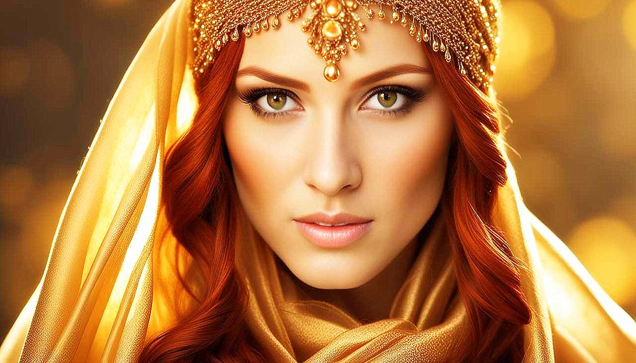 Gilded Allure: The Enigmatic Redhead in Golden Splendor