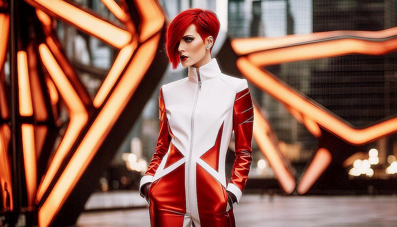 Futuristic Vision: Bold Red-Haired Woman in a Neon Metropolis