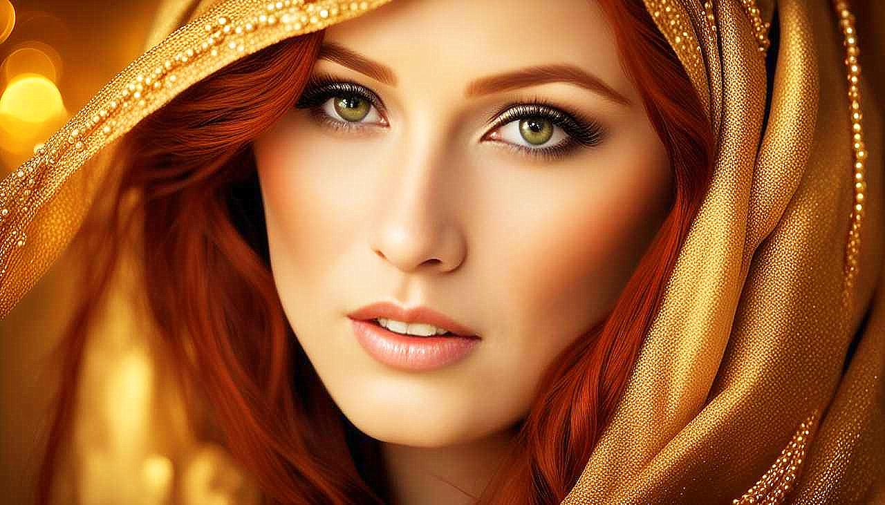 Gilded Allure: The Enigmatic Redhead in Golden Splendor