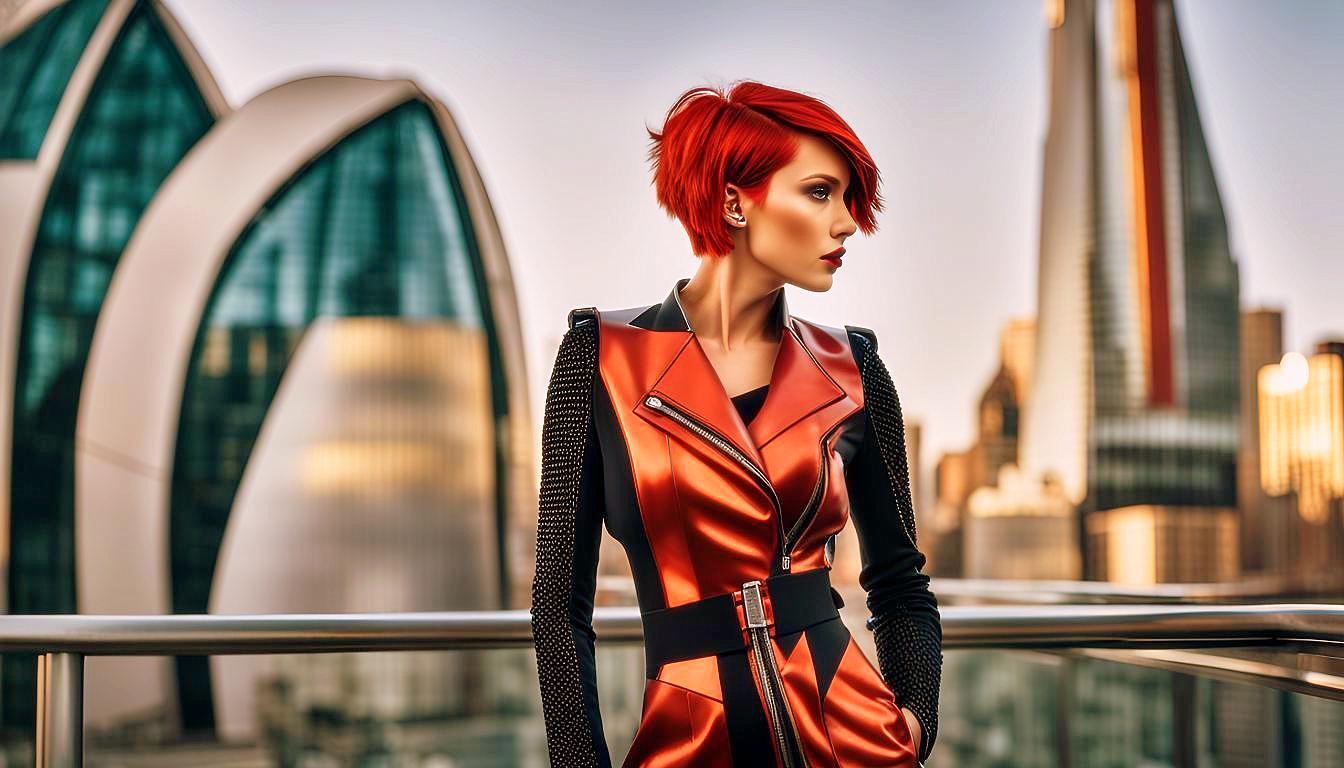 Futuristic Vision: Bold Red-Haired Woman in a Neon Metropolis