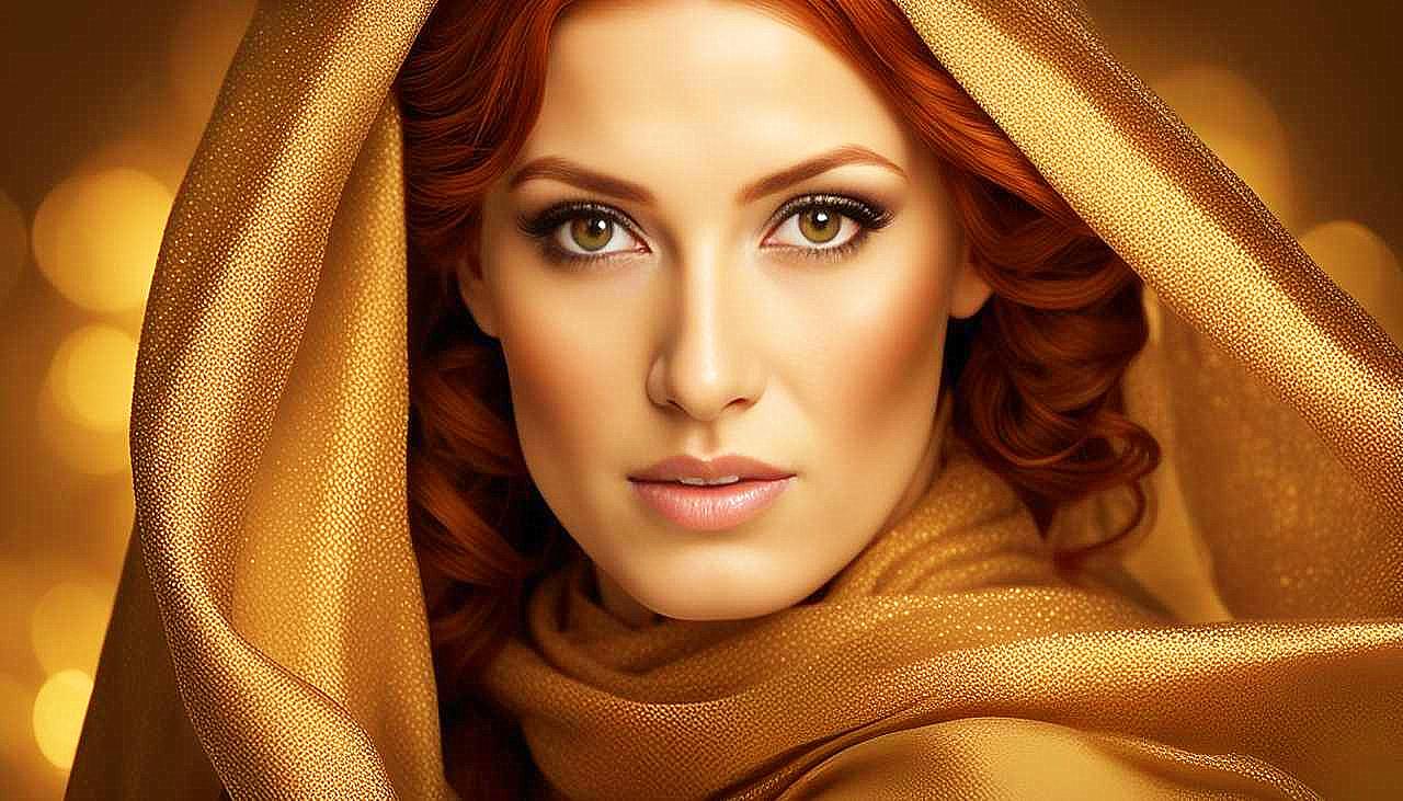 Gilded Allure: The Enigmatic Redhead in Golden Splendor