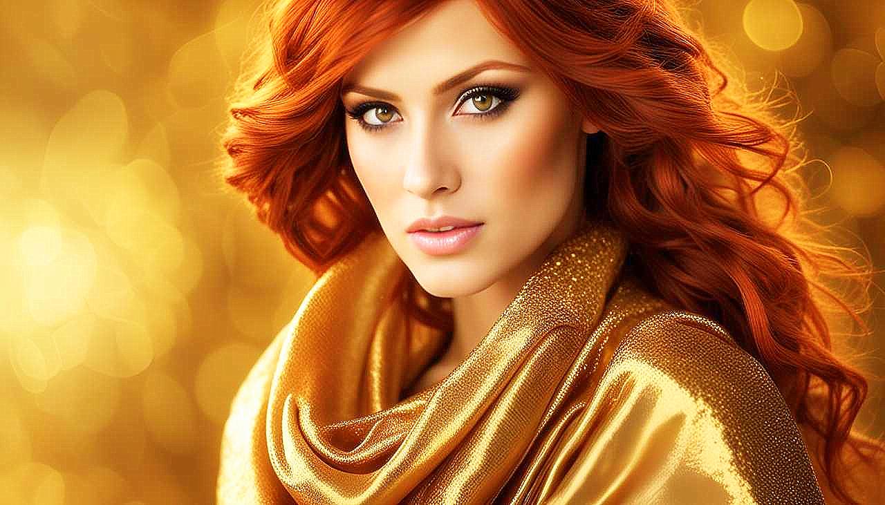 Gilded Allure: The Enigmatic Redhead in Golden Splendor