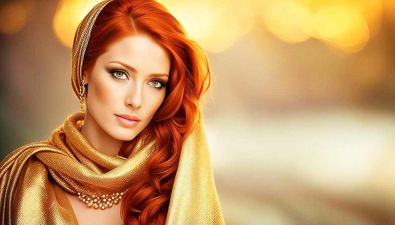 Gilded Allure: The Enigmatic Redhead in Golden Splendor