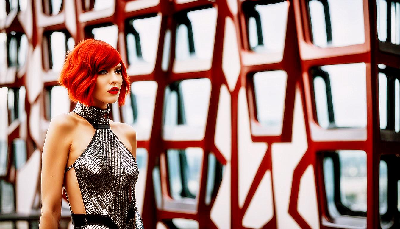 Futuristic Vision: Bold Red-Haired Woman in a Neon Metropolis