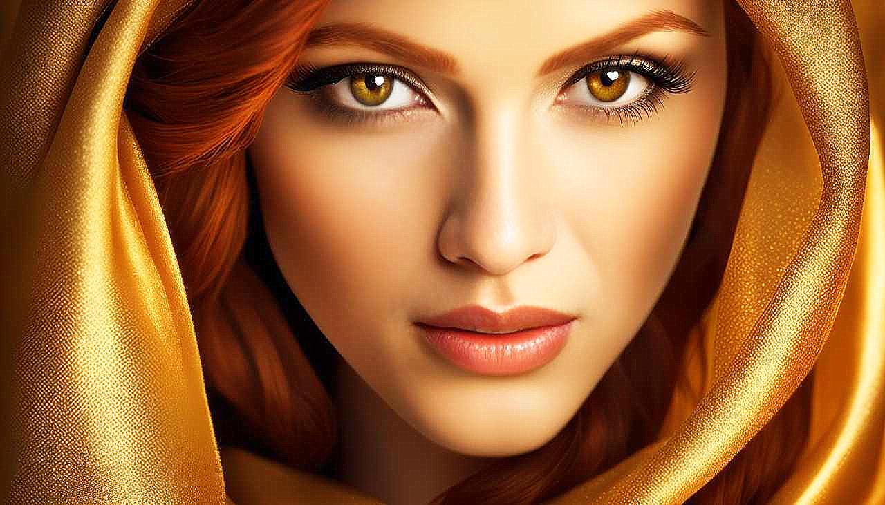 Gilded Allure: The Enigmatic Redhead in Golden Splendor