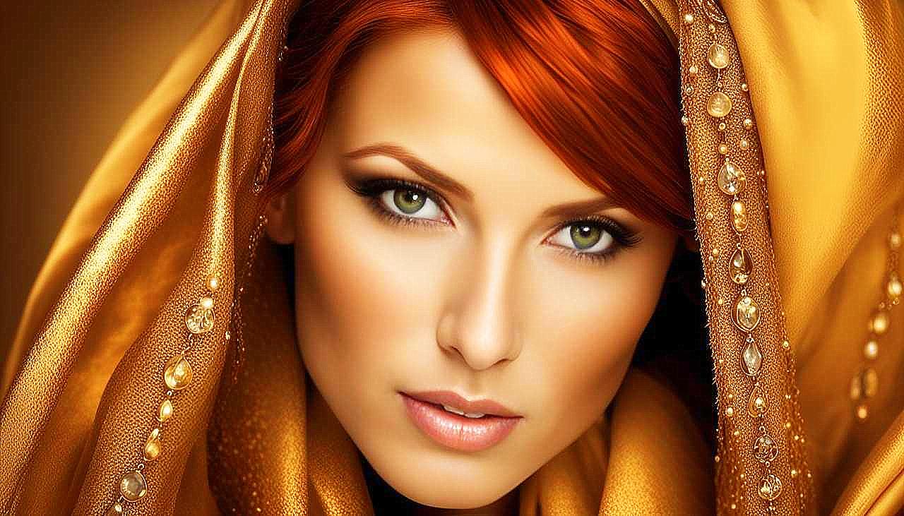 Gilded Allure: The Enigmatic Redhead in Golden Splendor