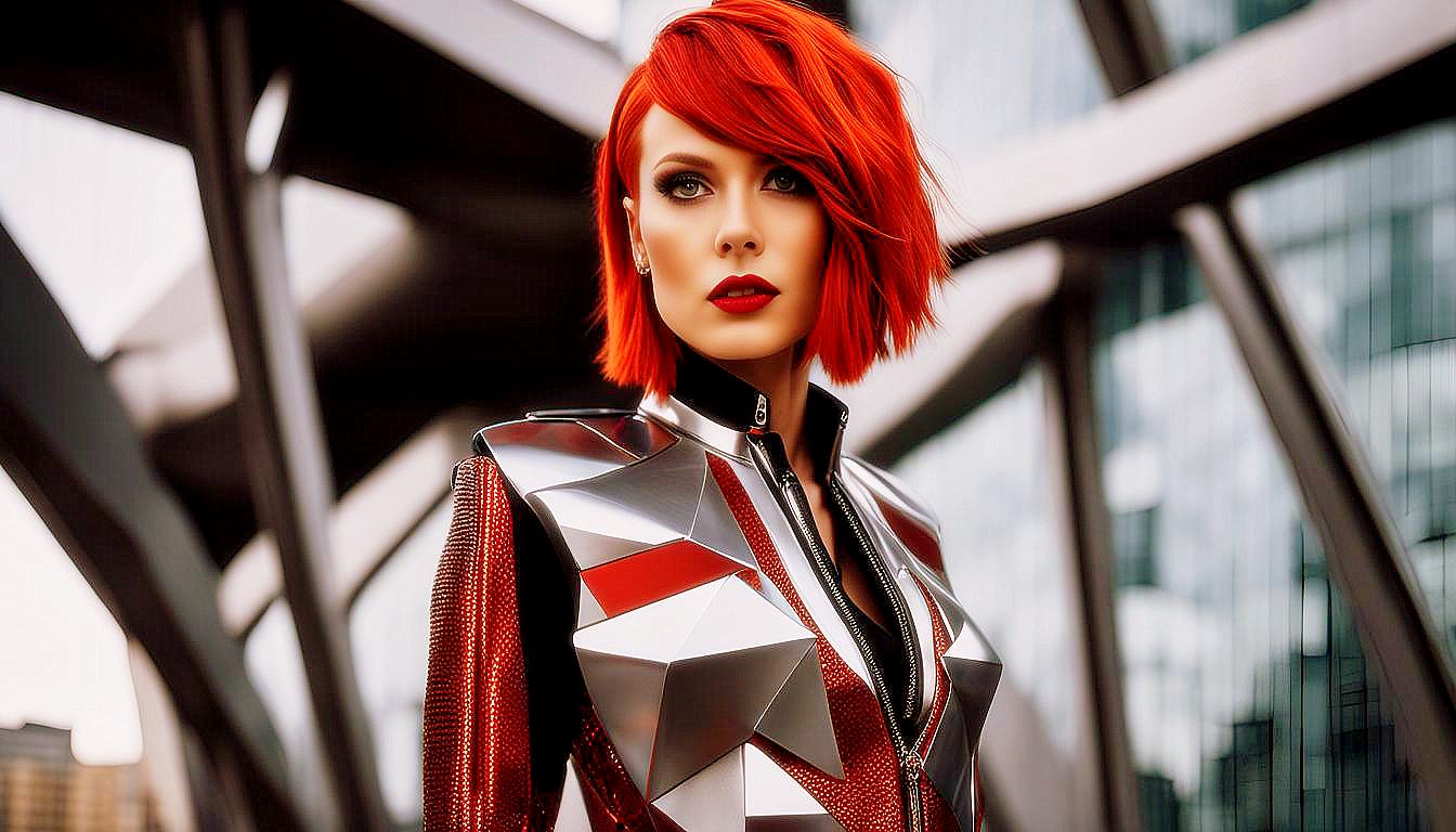 Futuristic Vision: Bold Red-Haired Woman in a Neon Metropolis