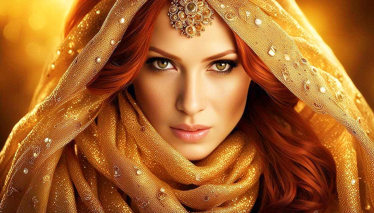 Gilded Allure: The Enigmatic Redhead in Golden Splendor