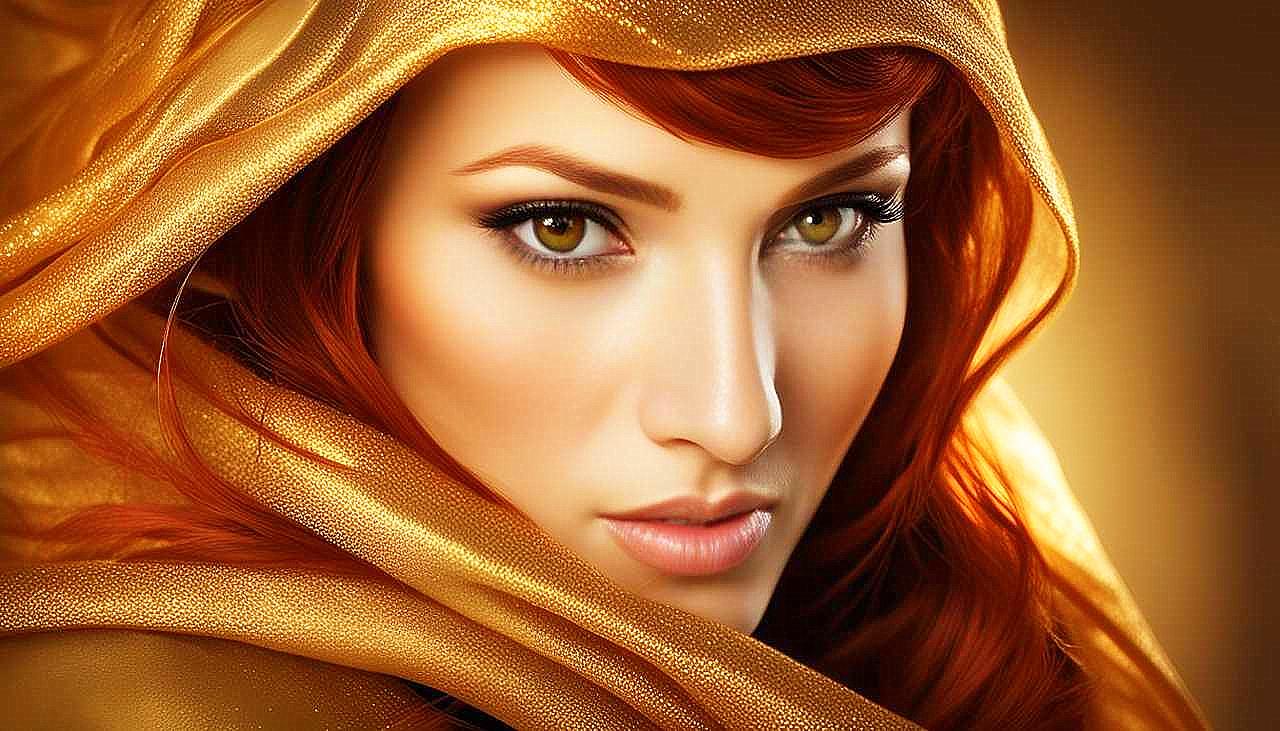 Gilded Allure: The Enigmatic Redhead in Golden Splendor