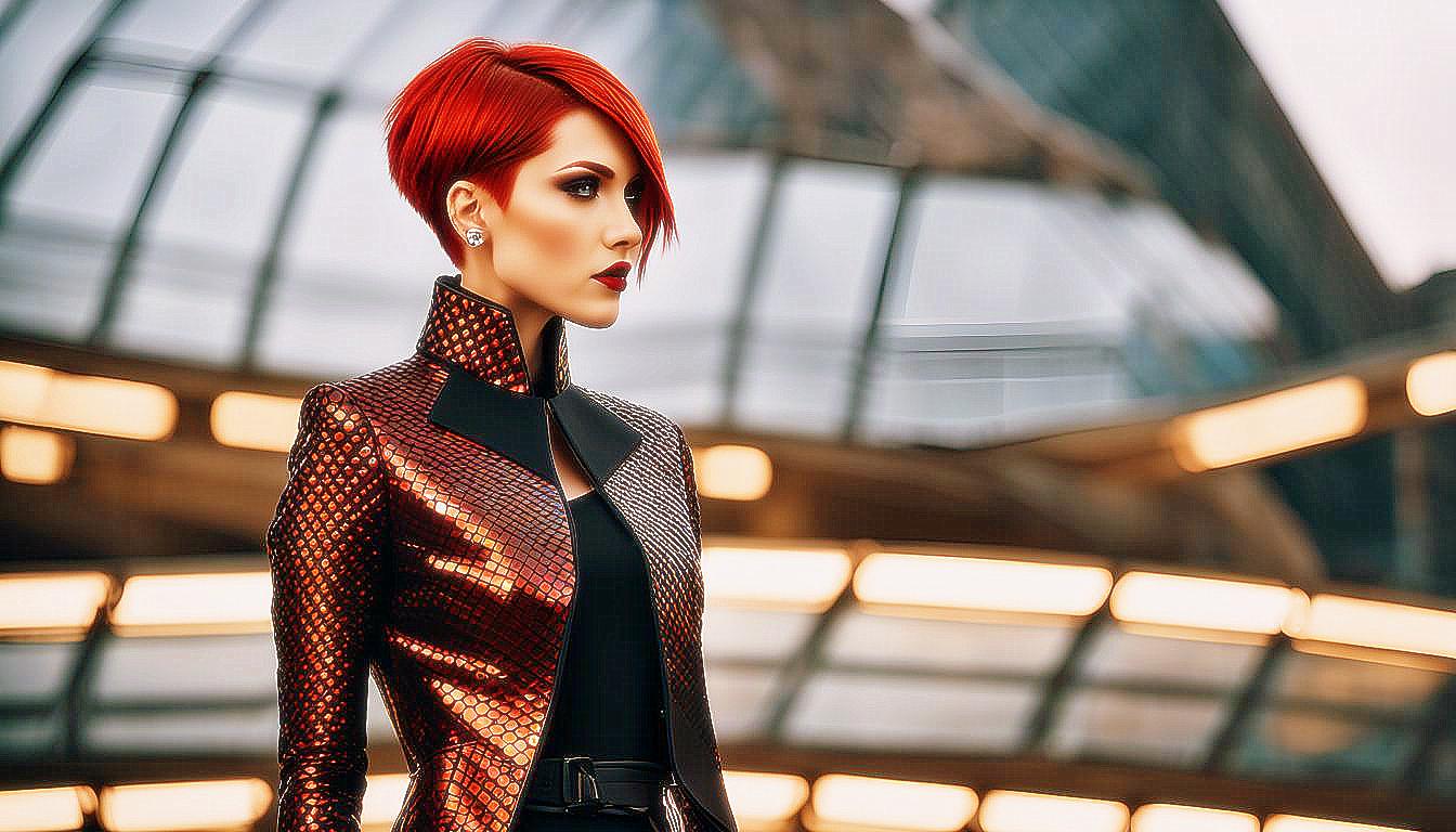 Futuristic Vision: Bold Red-Haired Woman in a Neon Metropolis