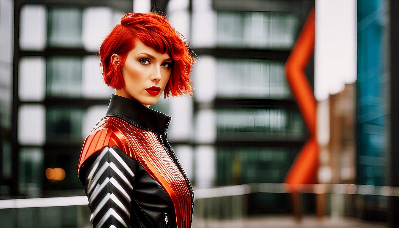 Futuristic Vision: Bold Red-Haired Woman in a Neon Metropolis