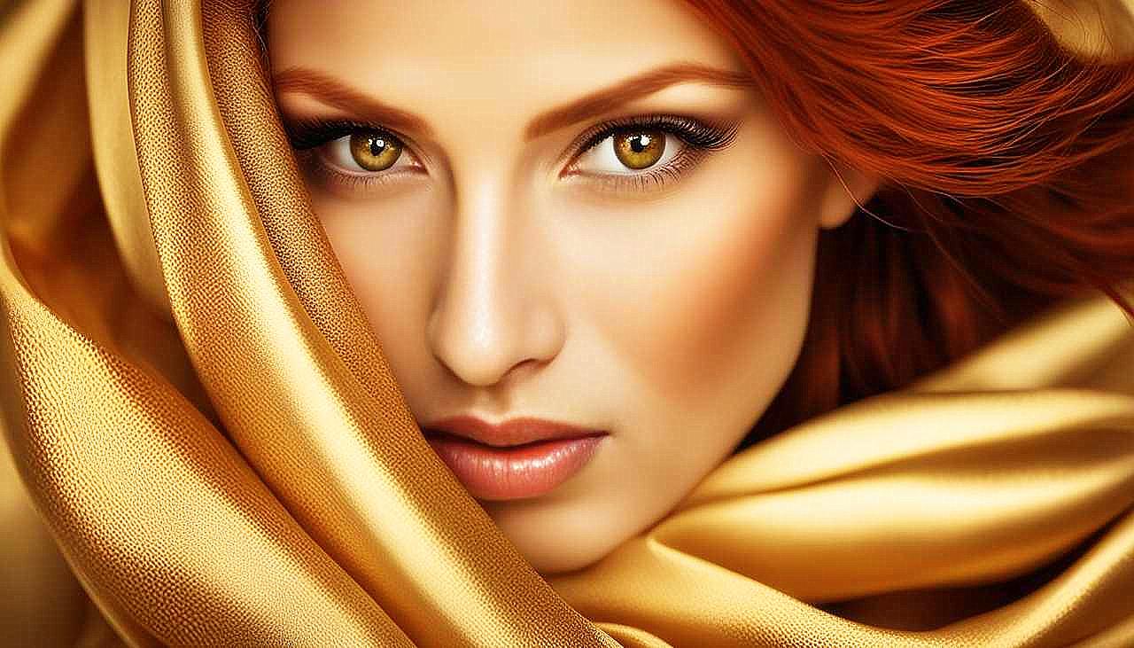 Gilded Allure: The Enigmatic Redhead in Golden Splendor