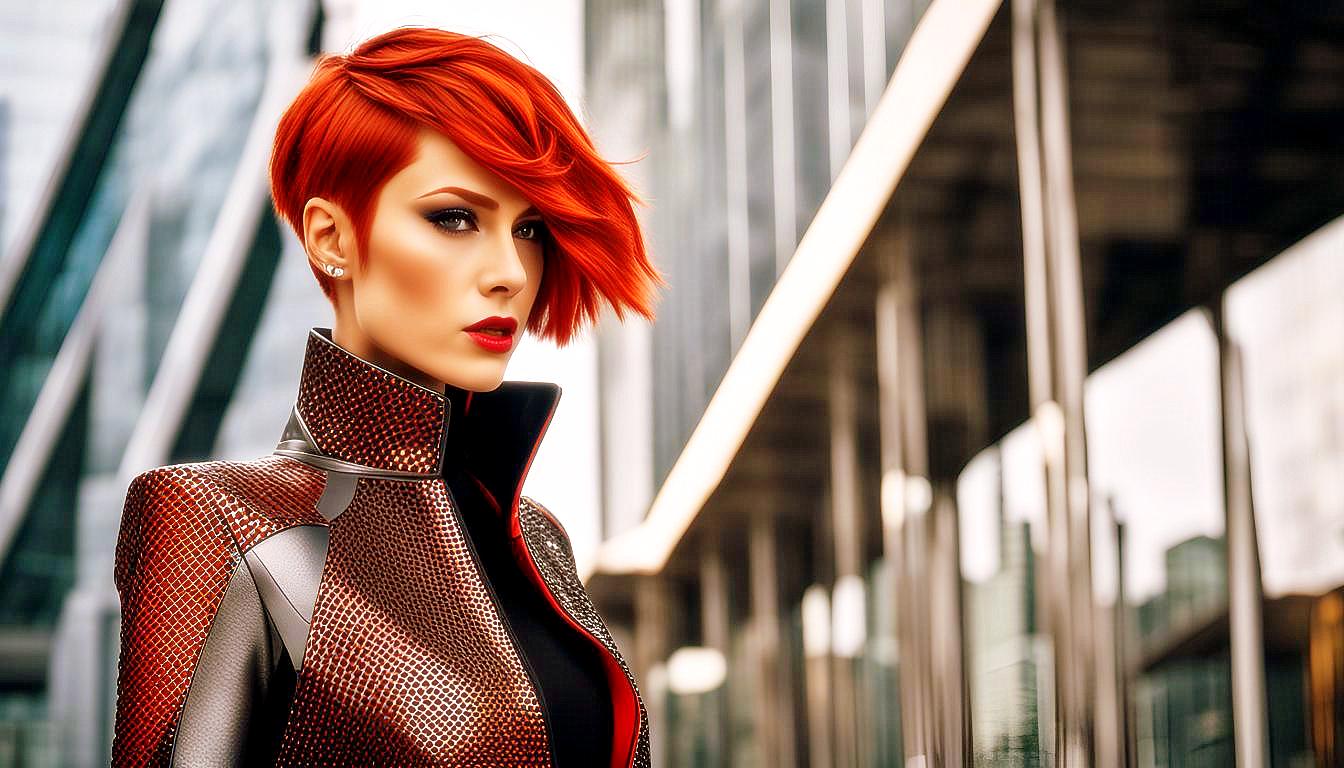 Futuristic Vision: Bold Red-Haired Woman in a Neon Metropolis