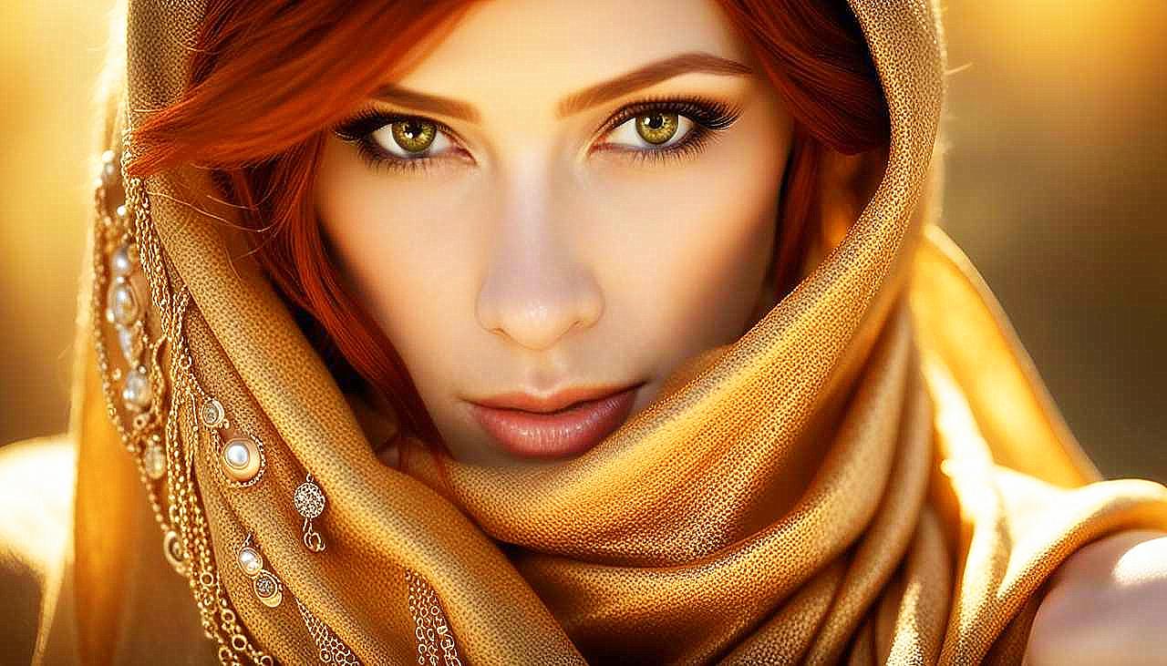 Gilded Allure: The Enigmatic Redhead in Golden Splendor