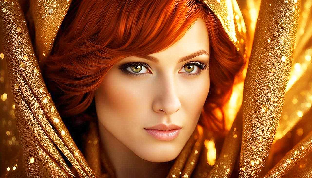 Gilded Allure: The Enigmatic Redhead in Golden Splendor