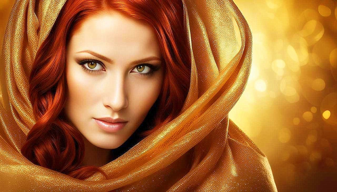 Gilded Allure: The Enigmatic Redhead in Golden Splendor