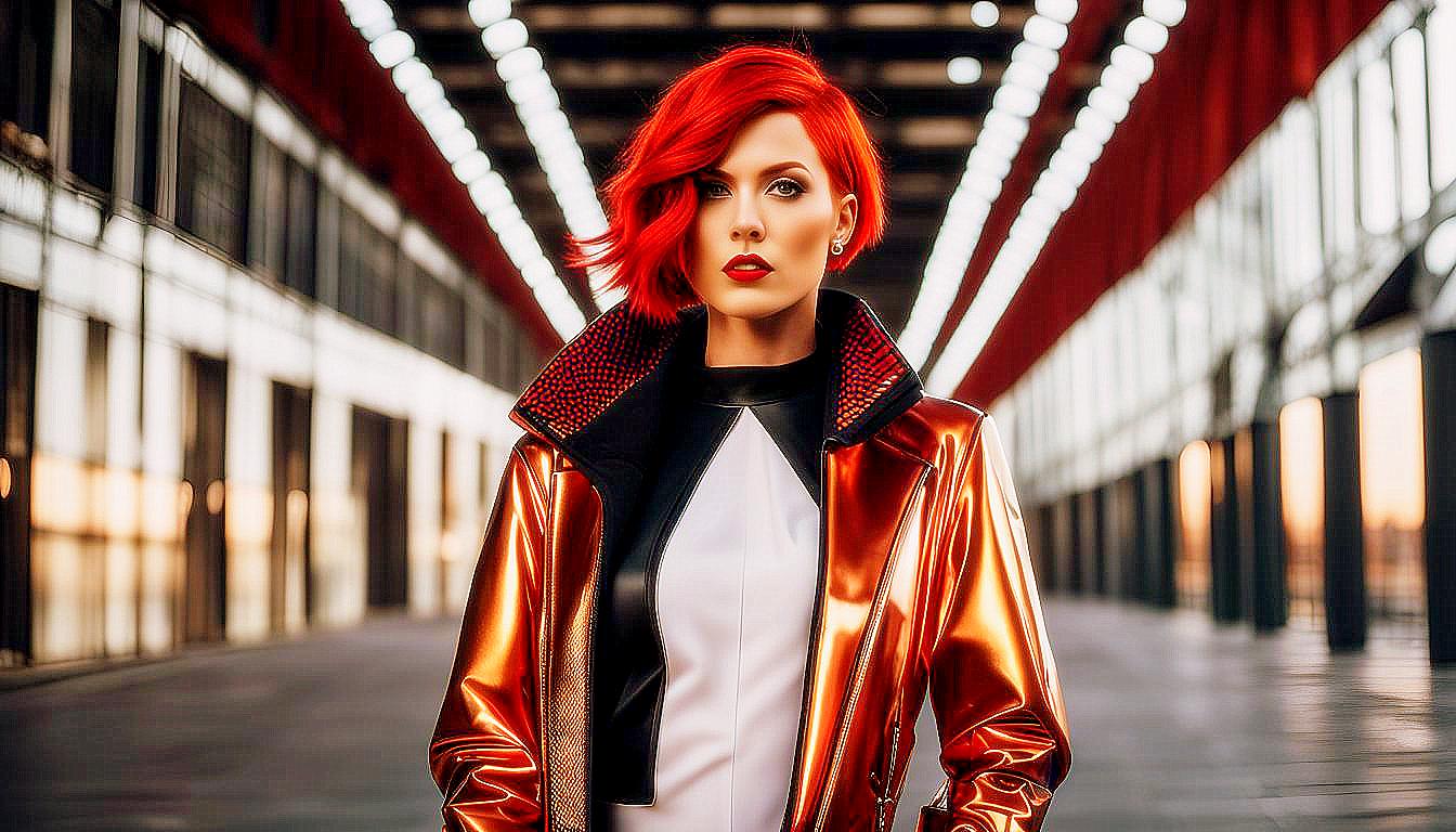 Futuristic Vision: Bold Red-Haired Woman in a Neon Metropolis