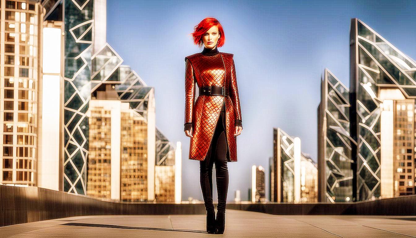 Futuristic Vision: Bold Red-Haired Woman in a Neon Metropolis