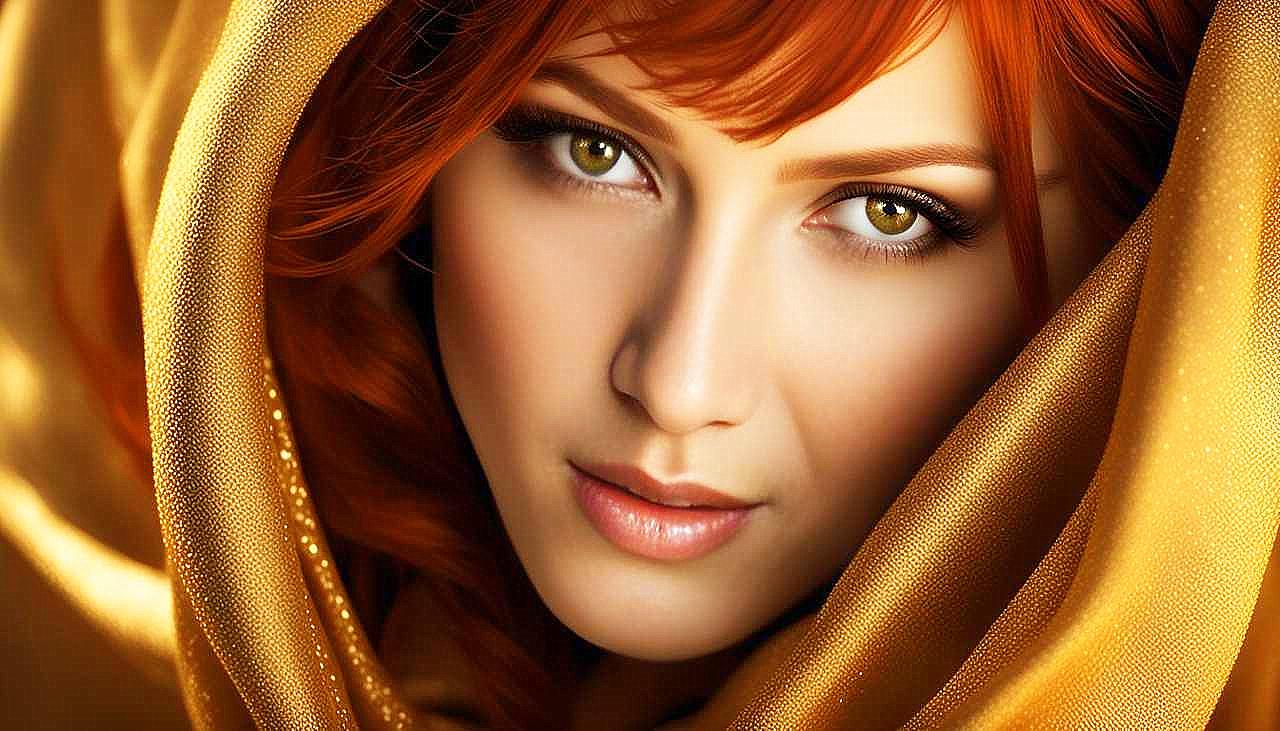 Gilded Allure: The Enigmatic Redhead in Golden Splendor