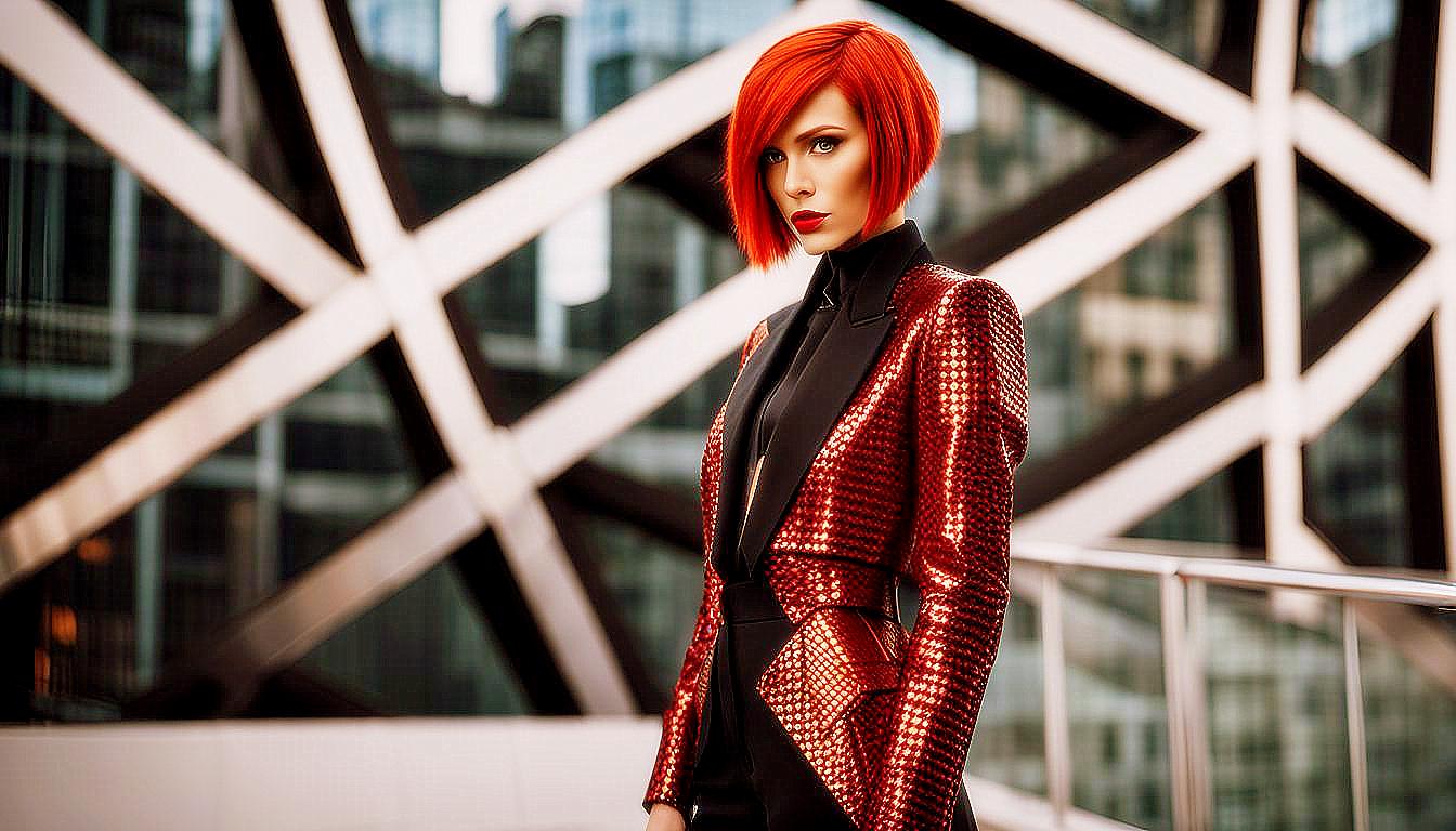 Futuristic Vision: Bold Red-Haired Woman in a Neon Metropolis