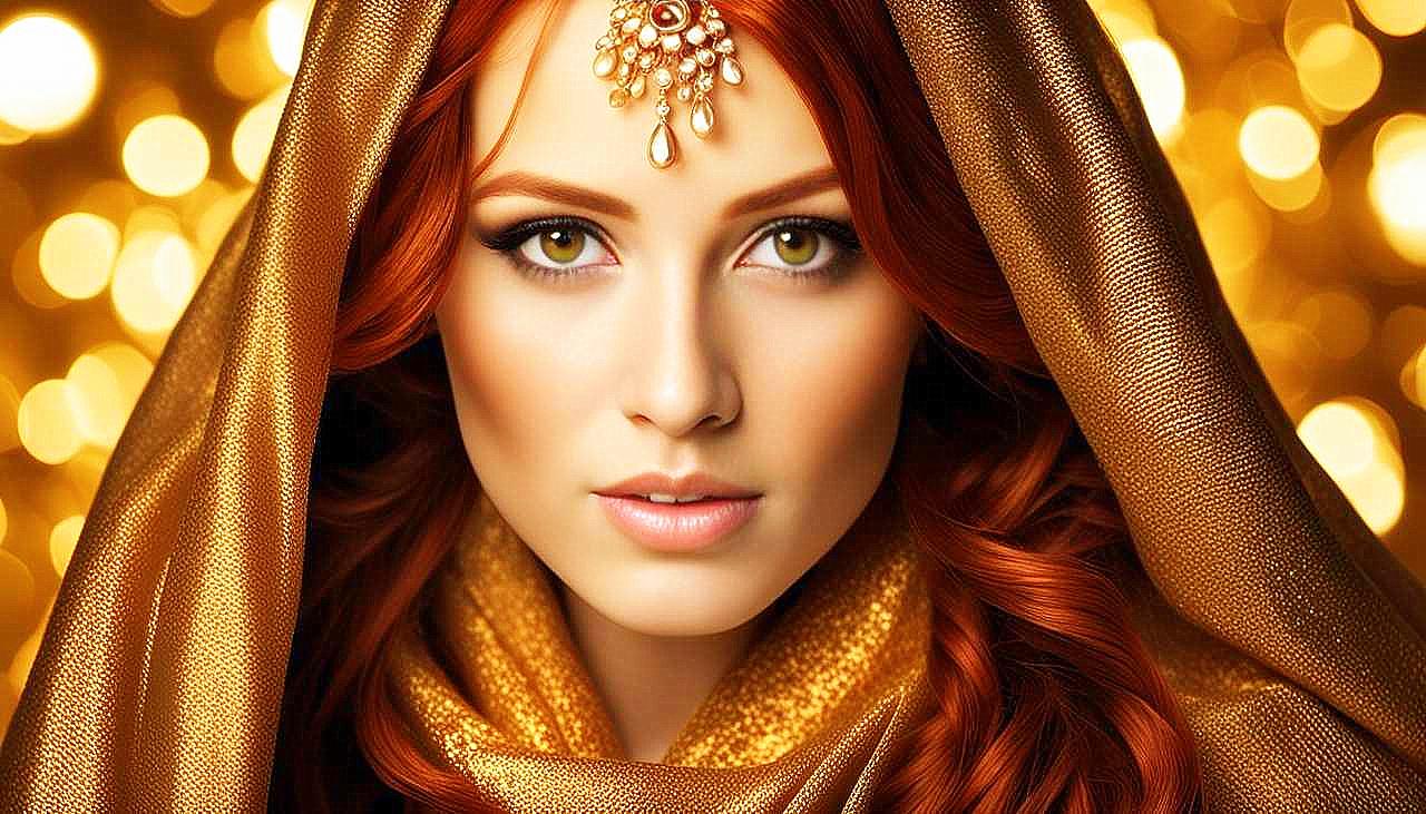 Gilded Allure: The Enigmatic Redhead in Golden Splendor