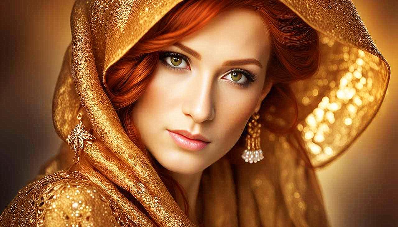 Gilded Allure: The Enigmatic Redhead in Golden Splendor