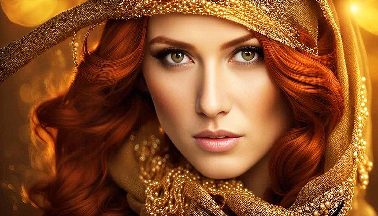 Gilded Allure: The Enigmatic Redhead in Golden Splendor