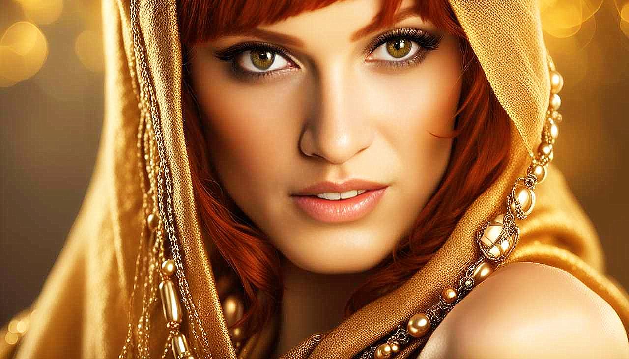 Gilded Allure: The Enigmatic Redhead in Golden Splendor