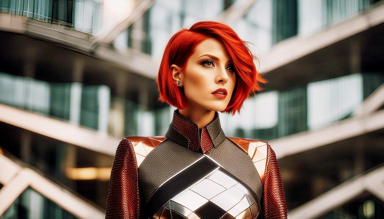 Futuristic Vision: Bold Red-Haired Woman in a Neon Metropolis