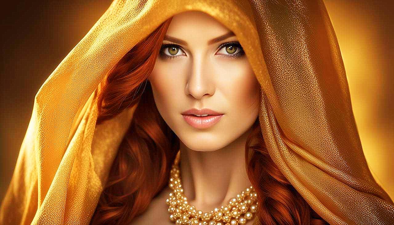 Gilded Allure: The Enigmatic Redhead in Golden Splendor