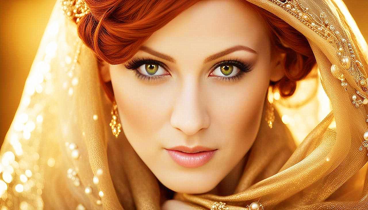 Gilded Allure: The Enigmatic Redhead in Golden Splendor