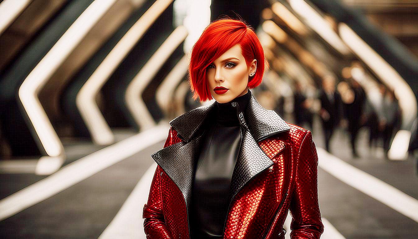 Futuristic Vision: Bold Red-Haired Woman in a Neon Metropolis