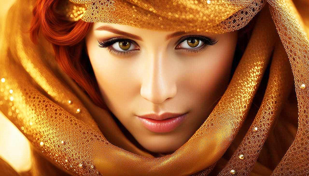 Gilded Allure: The Enigmatic Redhead in Golden Splendor