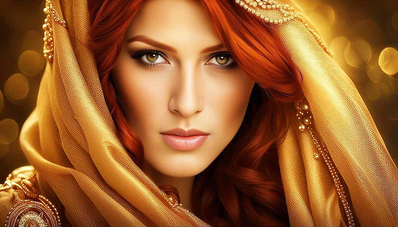 Gilded Allure: The Enigmatic Redhead in Golden Splendor