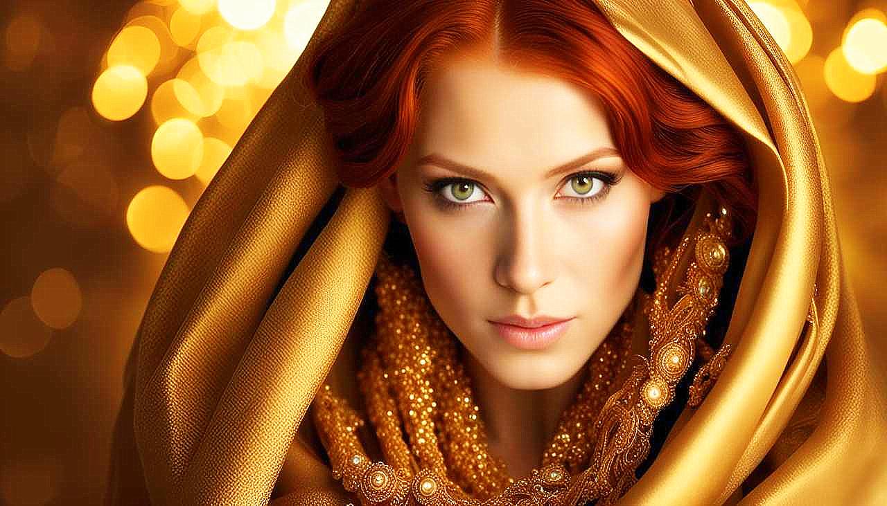 Gilded Allure: The Enigmatic Redhead in Golden Splendor