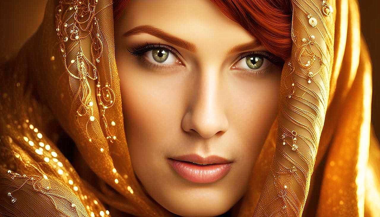 Gilded Allure: The Enigmatic Redhead in Golden Splendor