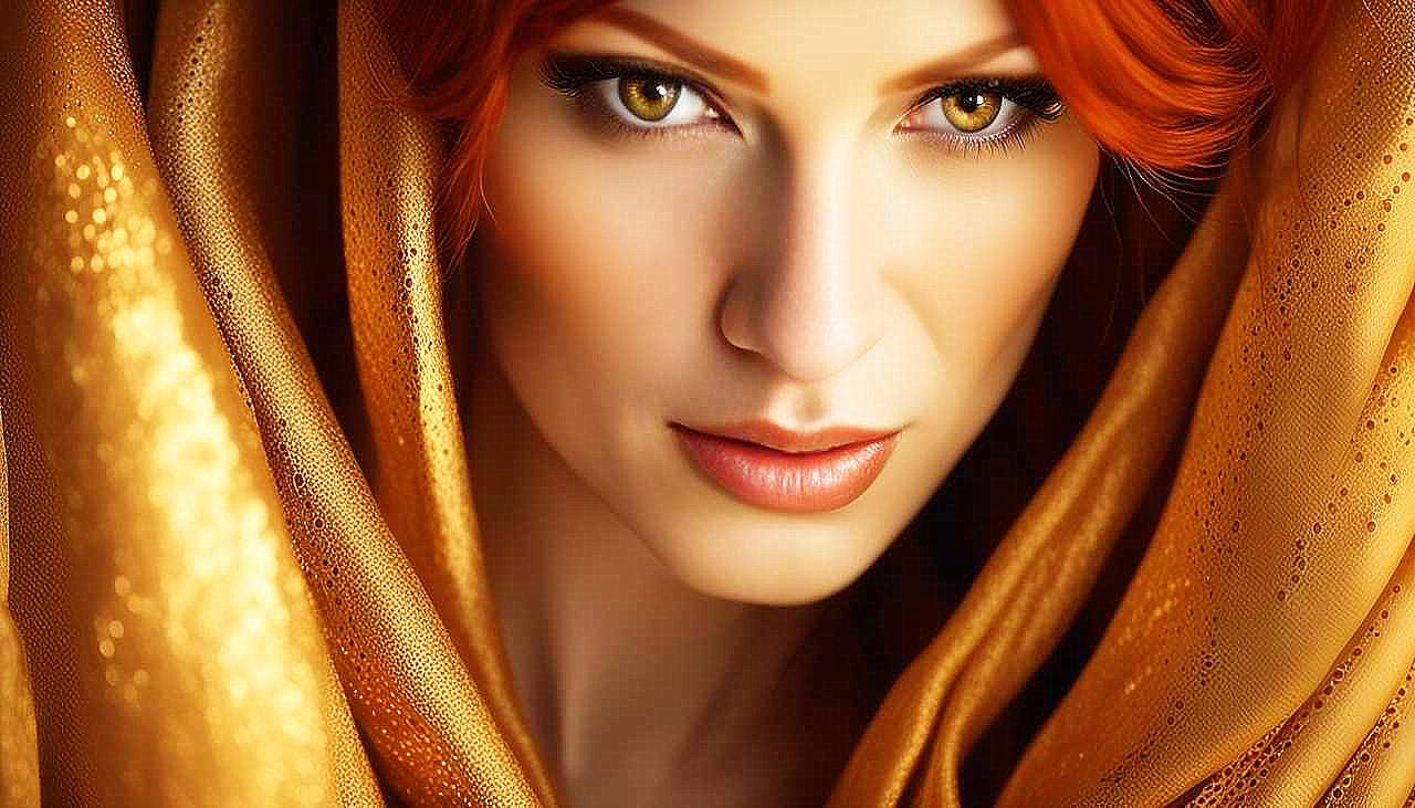 Gilded Allure: The Enigmatic Redhead in Golden Splendor