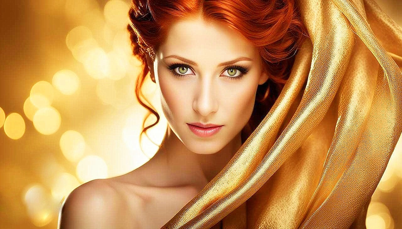 Gilded Allure: The Enigmatic Redhead in Golden Splendor