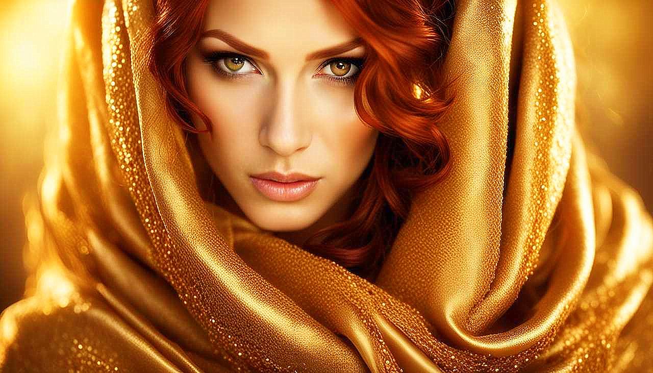 Gilded Allure: The Enigmatic Redhead in Golden Splendor