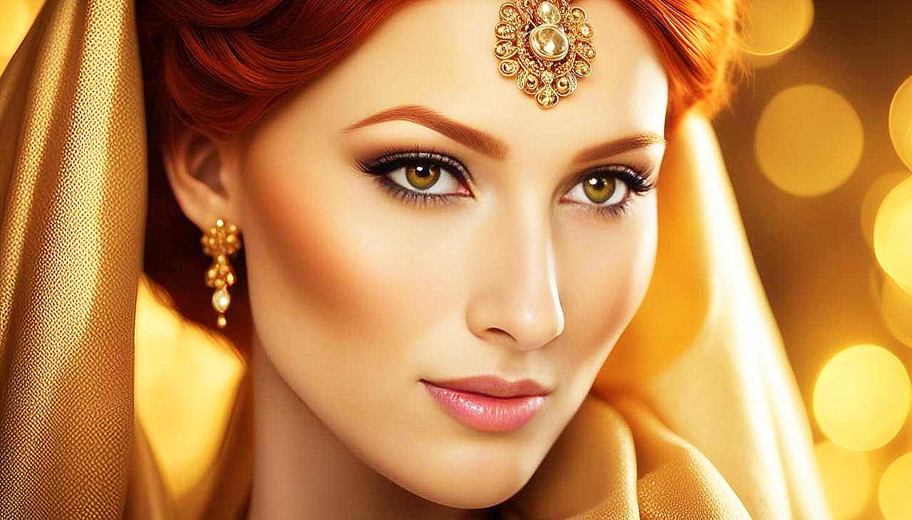 Gilded Allure: The Enigmatic Redhead in Golden Splendor