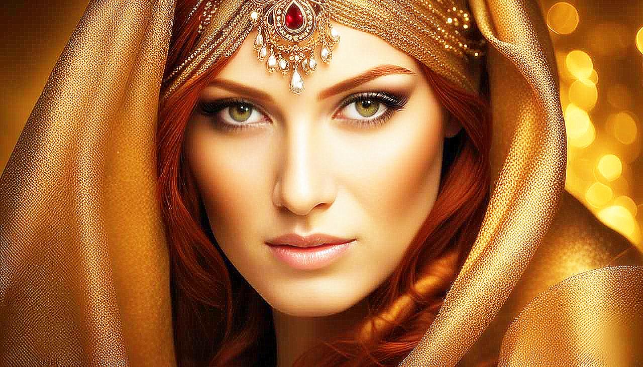 Gilded Allure: The Enigmatic Redhead in Golden Splendor