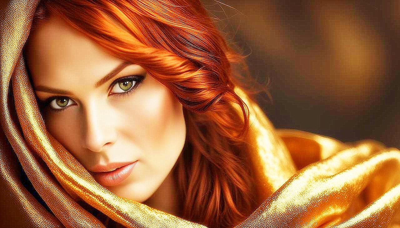 Gilded Allure: The Enigmatic Redhead in Golden Splendor