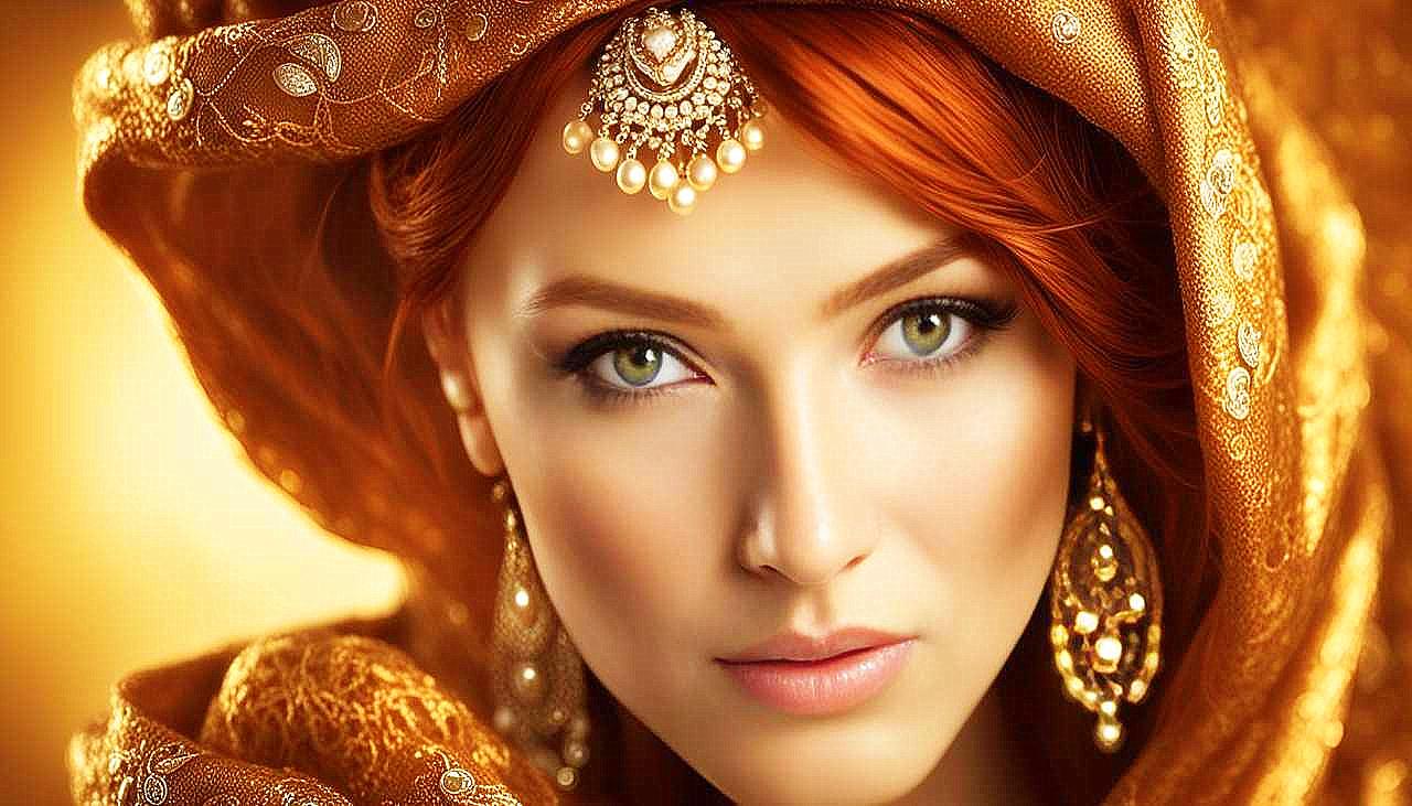 Gilded Allure: The Enigmatic Redhead in Golden Splendor