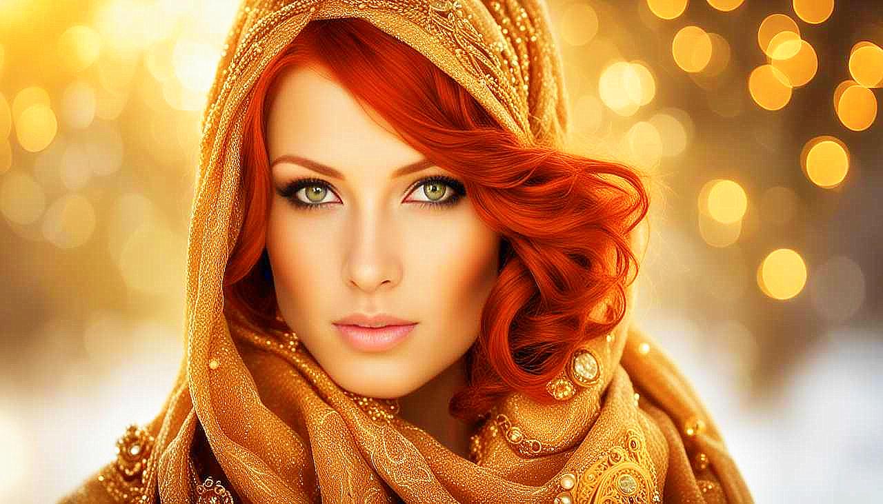 Gilded Allure: The Enigmatic Redhead in Golden Splendor