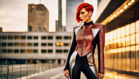 Futuristic Vision: Bold Red-Haired Woman in a Neon Metropolis