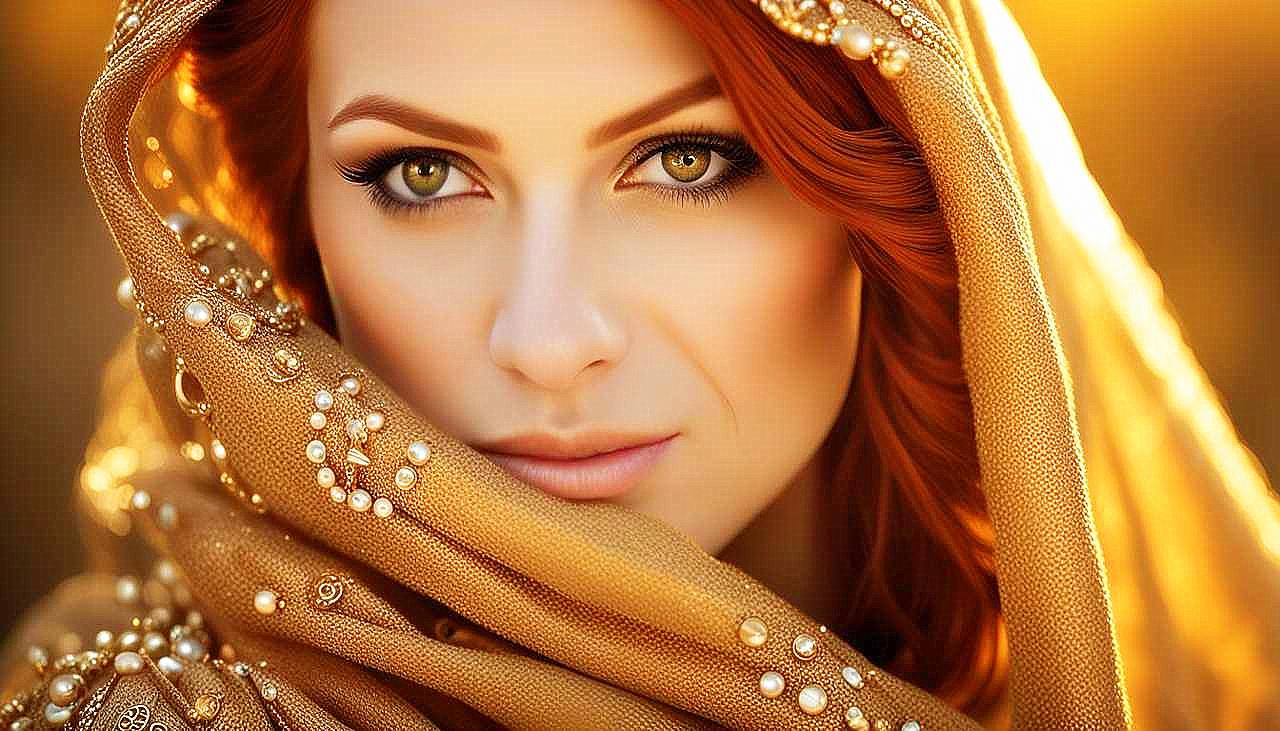 Gilded Allure: The Enigmatic Redhead in Golden Splendor