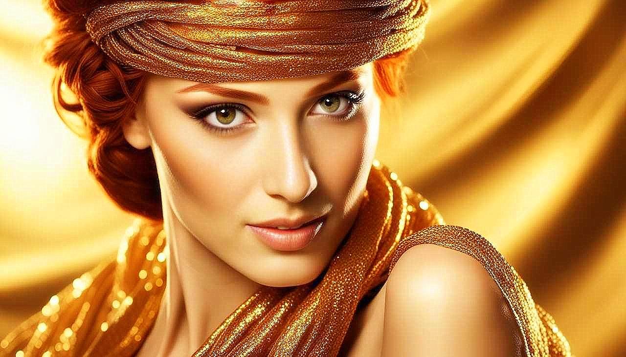 Gilded Allure: The Enigmatic Redhead in Golden Splendor