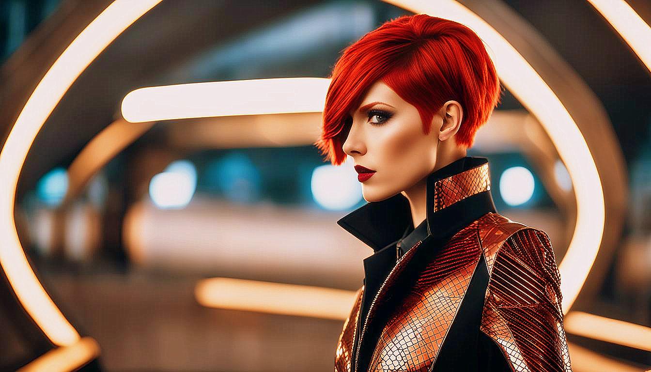 Futuristic Vision: Bold Red-Haired Woman in a Neon Metropolis