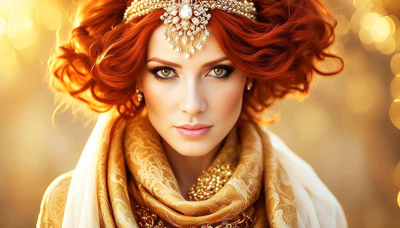 Gilded Allure: The Enigmatic Redhead in Golden Splendor