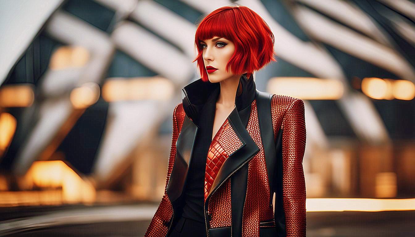 Futuristic Vision: Bold Red-Haired Woman in a Neon Metropolis